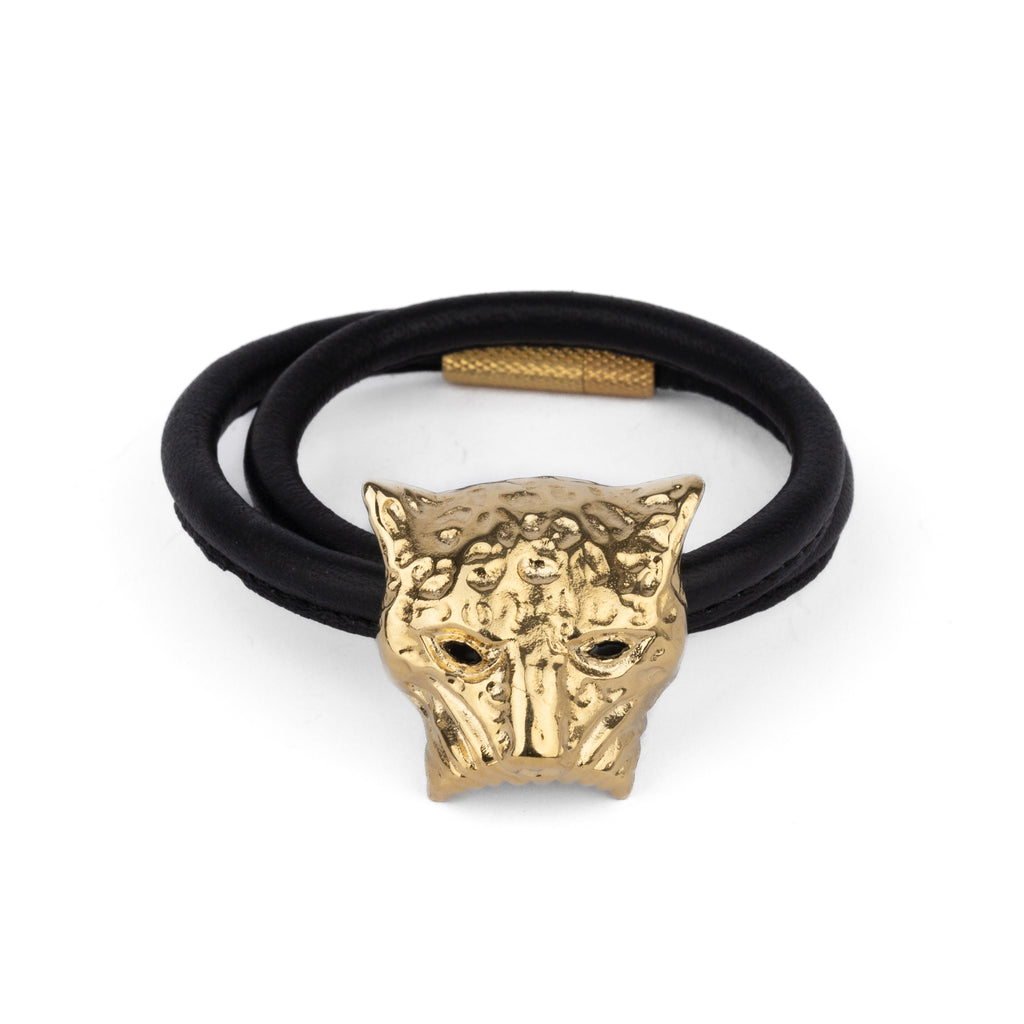 Pulsera de cuero negro, jaguar dorado con circonitas negras, vista 1 - Elena Estaun.