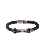 Pulsera cuero negro para hombre doble calavera metal