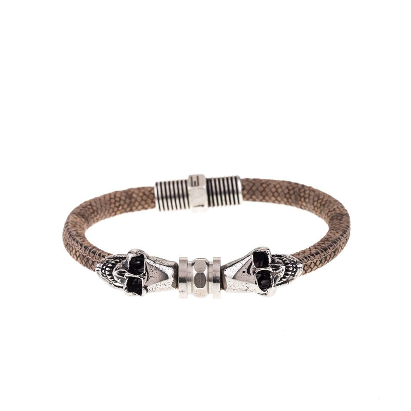 Pulsera para hombre cuero marrón claro doble calavera metal